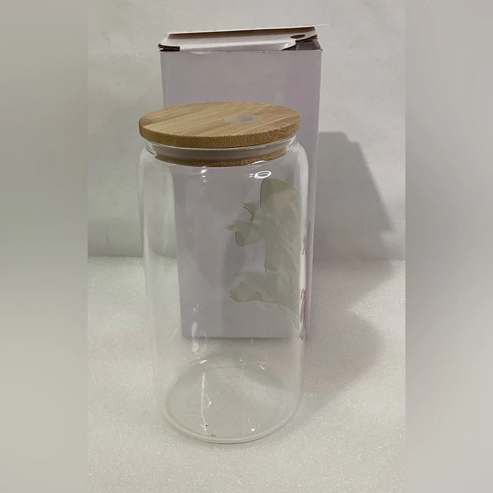Christmas Glass Tumbler w Woden Lid 16oz New w Original Box